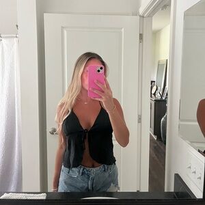 Garage Tie Front Black Satin Top